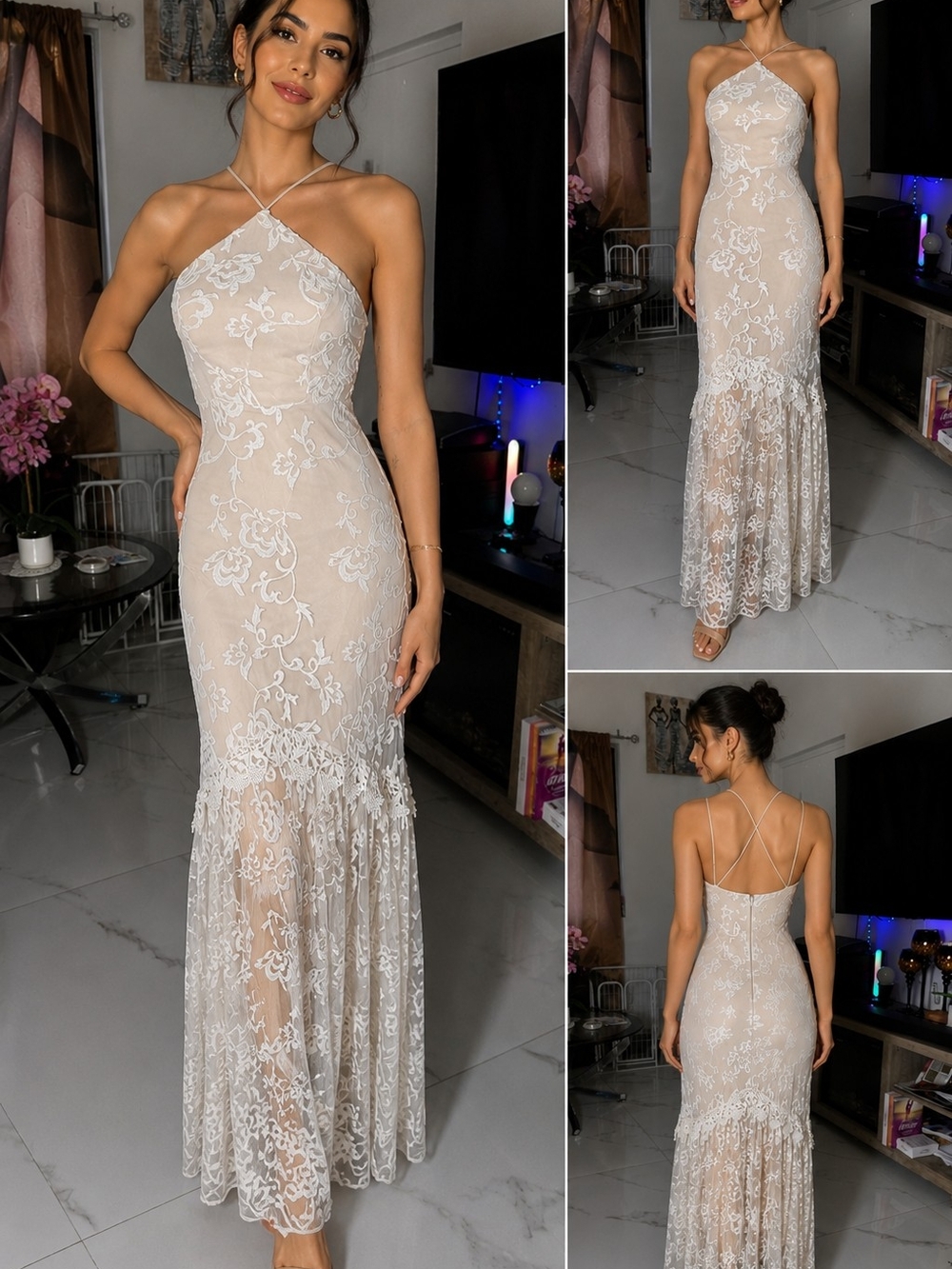 Elegant Lace Halter Maxi Dress in Nude